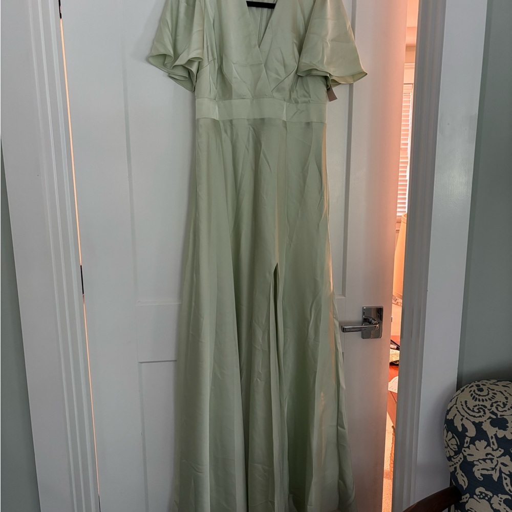 Birdy Grey pale pistachio matte satin bridesmaid dress with no alterations